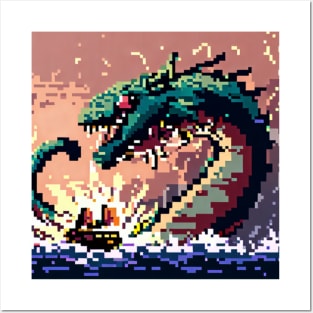 A giant sea serpent attacking a ship, pixel art Posters and Art